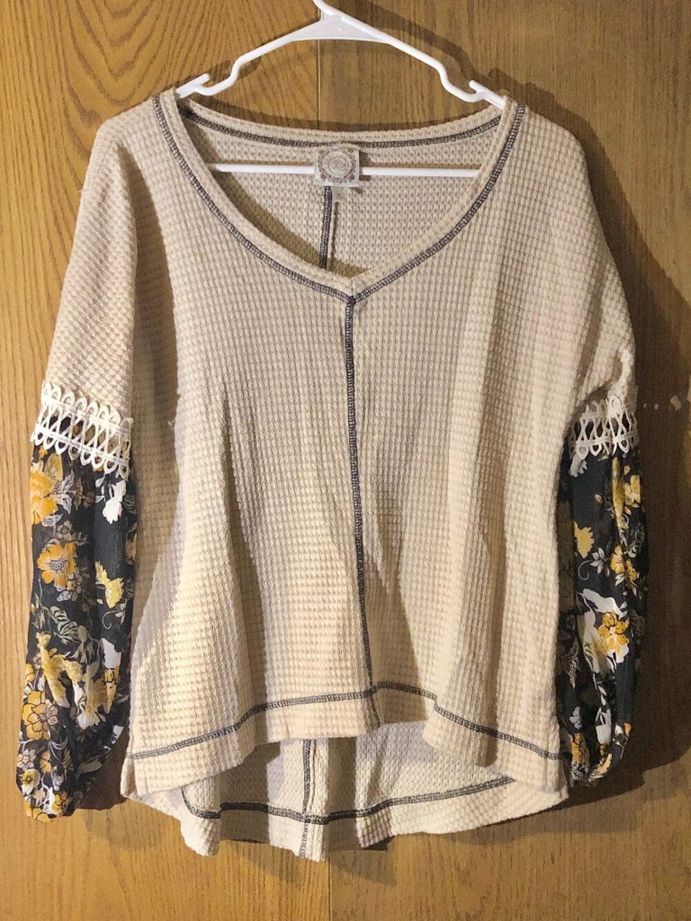 Cream Boho Waffle Knit Size M Floral Chiffon Balloon Sleeves Crochet Trim Top